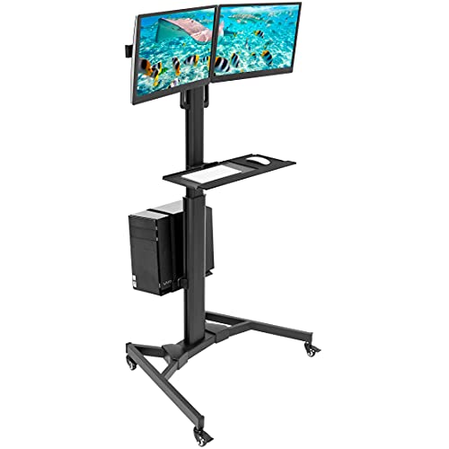 Mount-It! Dual Monitor Computer Cart – Mobile Standing Desk with Wheels, Rolling Workstation with Keyboard Tray, CPU Holder, and Adjustable Screen Mount for Office, Medical, or Warehouse
