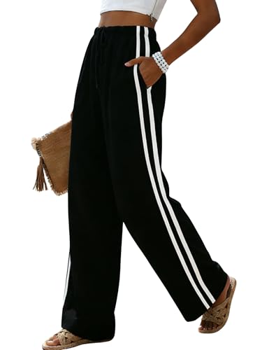 MINSURE Womens Linen Palazzo Pants High Waist Wide Leg Side Stripes Flowy Casual Beach Trousers with Pockets for Summer(Black-L)