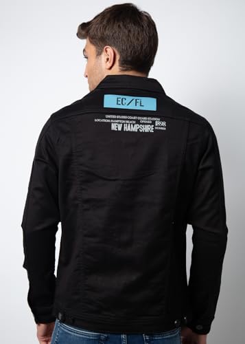 Image of Nostrum Men's Welch Denim Jacket, Black Casual Style, Embroidered Graphic Design, Button Front Closure