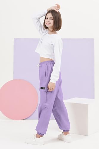 Image of SANGTREE Girls' Clothing Sets Crop Top & Cargo Jogger Pants 2 Piece Outfit, White +Purple, 11-12Y = Tag 160