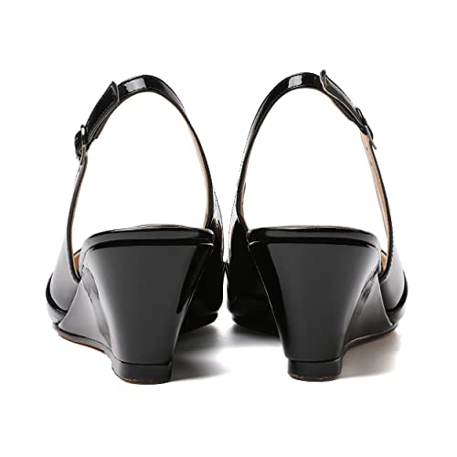 MERRORI Women's Patent Office Solid Slingback Casual Pointed Toe Buckle Wedge Low Heel Pumps Shoes 2 Inch4