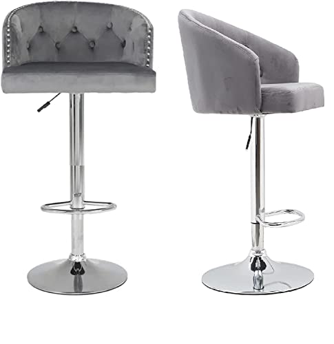 JINPALAY Lot de 2 Tabouret Bar Gris en Velours Chaise de Bar Hauteur Réglable 360° Rotatif avec Dossier et Repose-Pieds Tabourets Hauts pour Bar/Cuisine Charge 150 kg Cover