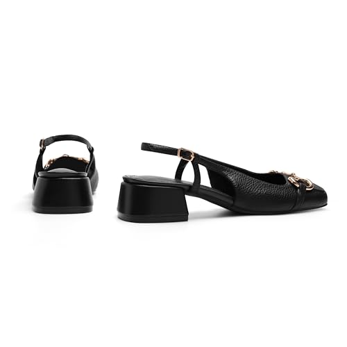 Image of Slingback Mary Jane Heels for Women Low Block Heel Closed Square Toe Pump Shoes Heels Classic Daily Office Dressy Shoes