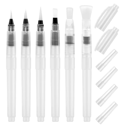 Lot de 6 Pinceaux à Eau, Pinceaux Aquarelle à Reserve d'eau Rechargeables, Pinceau Reservoir Aquarelle, Stylo Brosse Aquarelle d'eau pour Calligraphie,...