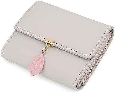 UTO Ladies Card Purse RFID Blocking Small Wallets for Women Leaf Pendant 5 Slots 1 Photo Window Zipper Coin Pocket Faux Leather Grey