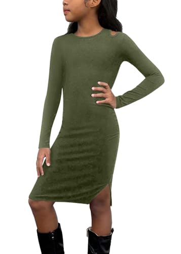 Girls Long Sleeve Ribbed Knit Bodycon Dress Crew Neck Knee Length One Cold Shoulder Fall Dress 3-12 Years