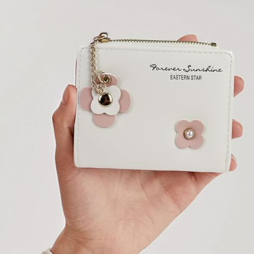 Small Purses for Women, PU Compact Bi-fold Wallet with Zipper Coin Pocket Exquisite Ladies Purse with Floral Buckle Design(White)