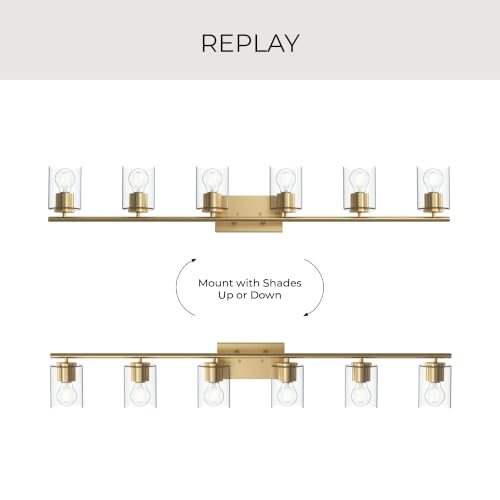 Image of Progress Lighting Replay 48 Inch 6-Light Vanity Light, Transitional, Brushed Gold with Clear Glass Shades, (7.875 inch H x 48 inch W x 6 inch D), P300585-191