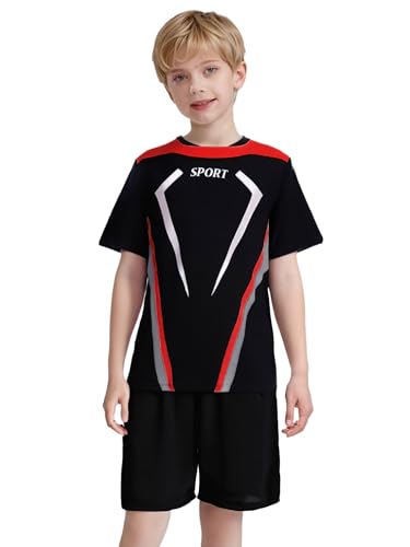 Boys'color Block Football Outfit Quick-dry Printed Top & Shorts For Athletic Sports Training Red 16 Years