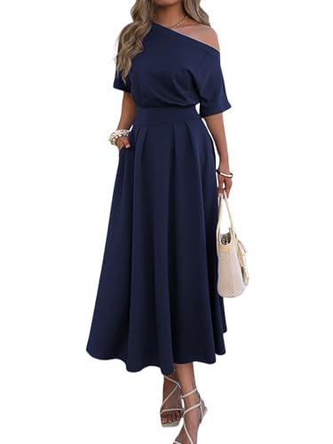 Mieazom Empire Waist One Shoulder Maxi Dresses for Women Pockets Navy M