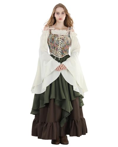 CR ROLECOS Renaissance Costume Women Medieval Peasant Dress Trumpet Sleeve Victorian Ren Faire Shirt and Skirt
