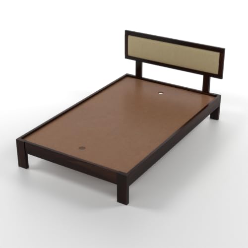 Image of Solid Sheesham Wood Single Bed Without Storage for Bedroom | Single Size Wooden Cot with Upholstered Headboard | Modern Platform Divan Bed for Home, Guest Room (Walnut Finish)