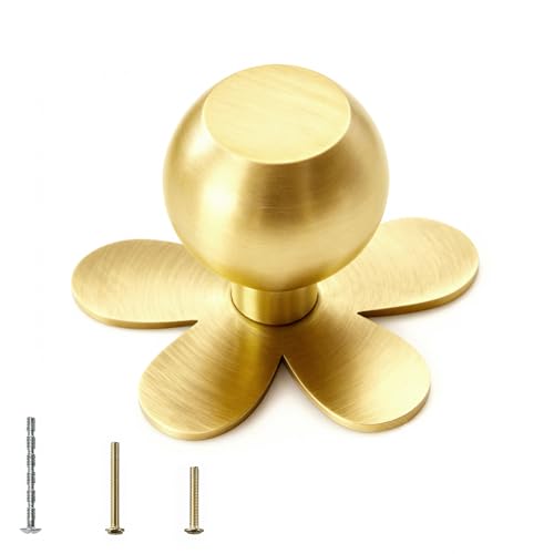 GUDBRUZ 4-Pack Solid Brass Gold Cabinet Knobs Modern Flower Dresser Handles for Brushed Brass Kitchen Pulls and Vanity Cabinet Hardware with Base Backplate