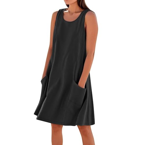 Vestidos cortos de verano de lino y algodón sin mangas para mujer, con bolsillos y tirantes, talla grande, tendencia, azul marino, 3XL