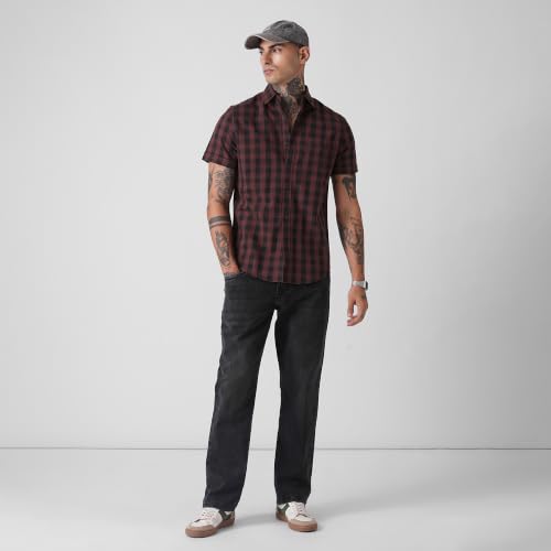 Image of BLUE BUDDHA Men Checked Casual Shirt | Tailored Fit Half Sleeve Shirt for Men | Curved Hem Ready to Wear, Office Casual & Weekend Wear