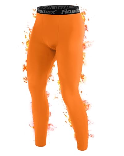 Roadbox Men's Thermal Compression Pants, Fleece Lined Running Tights Leggings, Athletic Ski Base Layer Bottoms Cold Weather Orange
