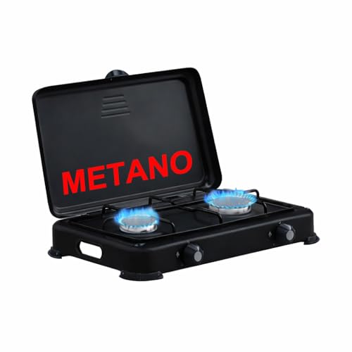 Fornello Fornellino a Gas METANO Da Campeggio 2 Fuochi con Bruciatori in Ghisa Rimovibili - Con maniglie per facilitarne il trasporto 49x30,5xh10cm (NERO)