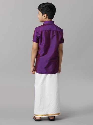 Image of RAMRAJ COTTON Boys Silk Cotton Shirt With Adjustable Cream Dhoti Perfect For Ceremonies| Festivals| And Special Occasions