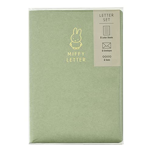 Maruai Miffy Conjunto de cartas com estojo, verde, 8 folhas de papelaria, 4 envelopes, 4 adesivos, Les - MY12G