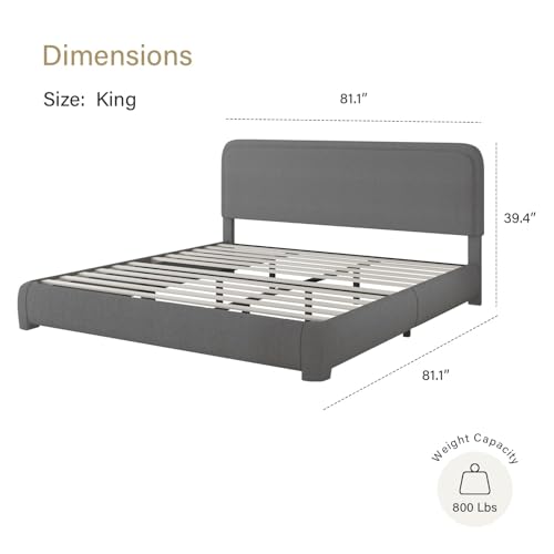 Image of BarnFurin Cloud King Size Bed Frame with Boucle Upholstered Headboard, Platform Bed Frame, Soft Rounded Corners, No Box Spring Required, Easy Assembly,Grey