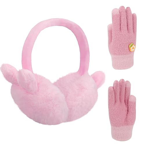 Winter Earmuffs Gloves Set for Kids, Toddler Girls Soft Plush Ear Muffs Foldable Outdoor Warm Ear Covers Knit Gloves