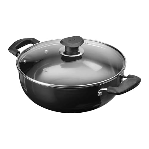 Vinod Black Pearl Hard Anodised Deep Wok Kadai with Glass Lid Frypan Size - 26 cm (Capacity 4.1 litres) (Gas Stovetop Compatible)