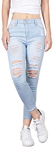 2LUV Women's Ripped Ankle Length Mid Rise 5 Pockets Comfy Skinny Cropped Jeans Light Blue 9