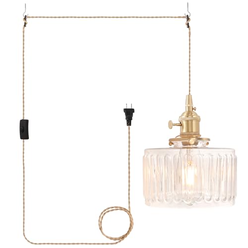 Image of Shenmoyl Plug in Pendant Light Hanging Light Fixtures with Plugin Cord On /Off Switch,Clear Striped Glass Lampshade Brass Pendant Light