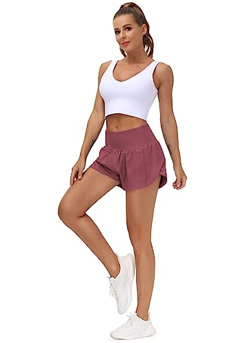 Image of THE GYM PEOPLE Women's High Waisted Running Shorts Quick Dry Workout Shorts | High Waist, Slim Fitted, Built-in Mesh Lined, Back Zipper Pockets, Lightweight, Breathable, Side Slit