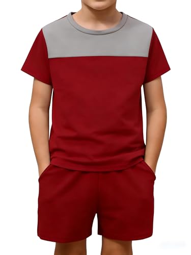 LKALPSQ Boys 2 Piece Outfits Color Block T-Shirt and Solid Color Shorts Set Casual Summer Clothes Boys Clothing Sets Size 13-14Y
