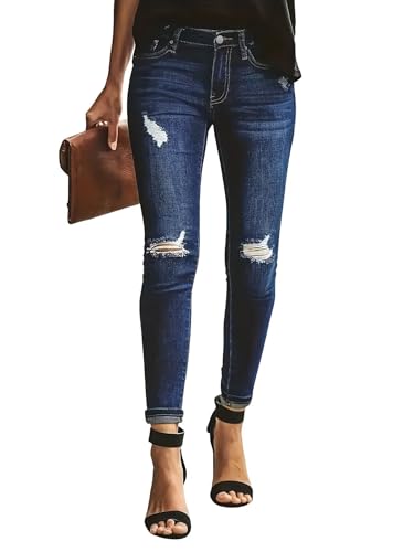 Image of Allimy Women's High Rise Skinny Stretch Ripped Jeans High Waisted Destroyed Denim Pants, Dark Blue-107, 6