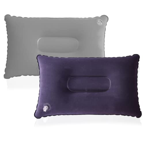 JSUOEO Inflatable Pillows for Camping, 2 Pack Ultralight Compact Portable Compressible Blow Up Travel Outdoor Pillow Soft Flocked Surface for Neck & Lumbar Support, Blue+Gray