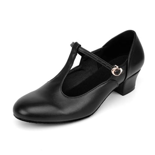 Asyusyu Matt Black Character Shoes T Bar Low Heel Character Dance Shoes for Ladies-Matt Black, 6 UK