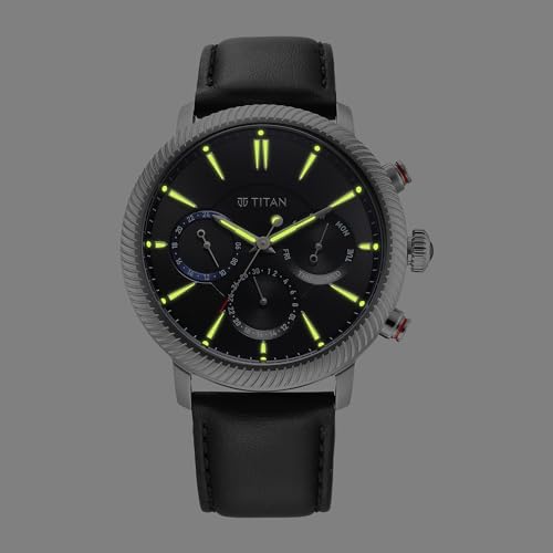 Titan Regalia Stellar Quartz Multifunction Black Dial Leather Strap Watch for Men-NS10012SL01 - Image 2