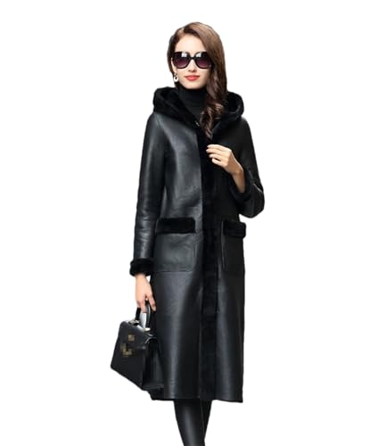 Wvapzxx Echter Schaffell-Kapuzenmantel Für Frauen, Lange Lammfelljacke, Winter, Lockerer Dicker Mantel