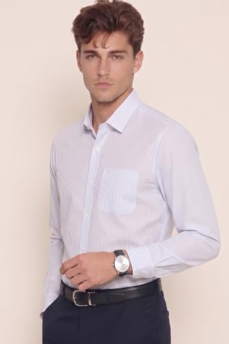 Image of Peter England Men's Regular Fit Full Sleeve Striped Formal Shirt | Cotton Rich | Wonder Fabric | Premium Dobby Weave