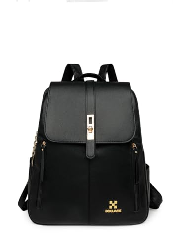 Image of H-SQUARE LuxeTech Ladies Laptop Backpack - Stylish Leather Bag with Gold Buckle, Laptop Compartment & Dual Zipper Pockets