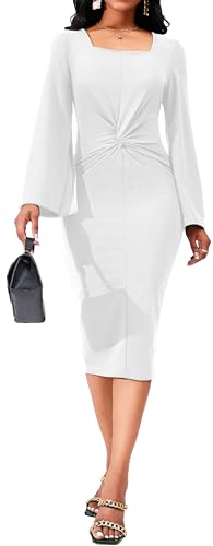 Image of Dresses for Women Elegant Long Sleeves Ruffles Pencil Knee Length Split Business Dress with Belt Zipper
