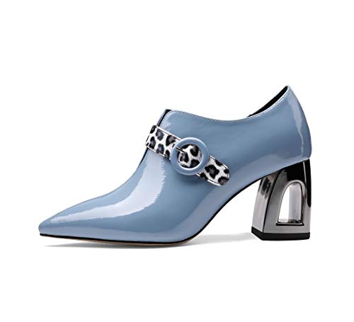 TinaCus Women's Handmade Patent Leather Pointed Toe Mid Chunky Heel V-Shaped Side Zip Up Pumps with Modern Buckle Decor2