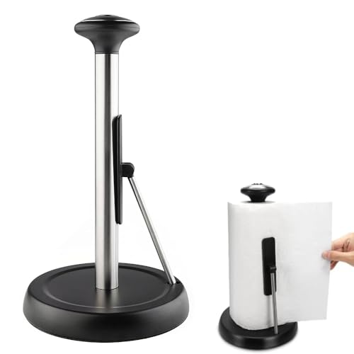 Ranqisys Black Stainless Steel Paper Towel Holder with Weighted Base, One-Hand Tear Kitchen Roll Holder, Vertical Countertop or Bathroom Paper Towel Storage Stand, Fits Most Roll Sizes