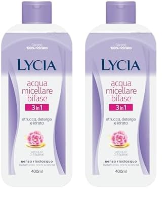 Lycia - Acqua Micellare Struccante Bifasico 3 in 1, con Acqua di Fior di Loto e Olio di Tsubaki, Senza Risciacquo, Efficace contro il make up waterproof più resistente, 400 ml (Confezione da 2)