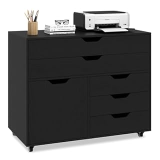 COSTWAY Mobile File Cabinet, 4/5 Drawers Lateral Stationery Storage Organiser Chest with Wheels and 1/2 Doors, Home Office Printer Stand Side Filing Cupboard (Black, 77 x 40 x 64cm)