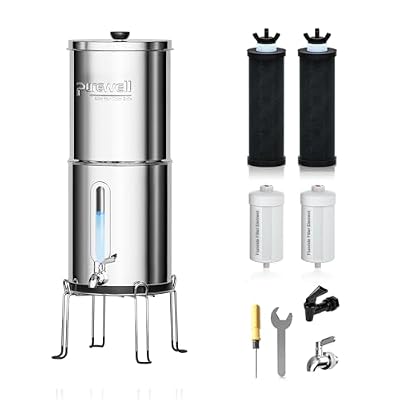 Purewell 1.5G Gravity Water Filter System with Water Level Window, 8-Stage 0.01?m Ultra-Filtration Stainless Steel Countertop System with 4 Filters and Stand, Reduce Fluoride and Chlorine, PW-MKS-CF