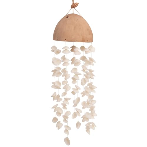 MIJOMA Capiz Muschel-Windspiel für Innen Außenbereich - Handgemacht, Klangspiel mit Muscheln, Gartendeko, Geschenk für Terrasse Garten - 45 cm, Ø 13-14 cm, Holz Kokosnuss (weiß - Herzmuscheln)