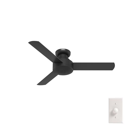Hunter 44 inch Indoor Ceiling Fan No Light - Black Modern Ceiling Fan without Light, 3 Blades, Low Profile Mount, For Bedroom, Living Room, or Kitchen, Wall Control - Presto 52401, Matte Black