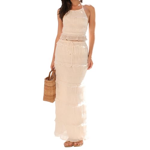 Womens 2 Piece Maxi Skirt Set Tie Up Sleeveless Halter Neck Tank Top Long Skirt Summer Y2k Beach 2 Pcs Outfit