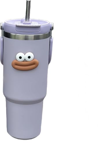 注ぎ口のないストローケトル、大容量のストローケトル、真空断熱、保冷保温ケトル、ステンレスケトル、直飲み用蓋付き広口ケトル、アウトドアポータブルケトル、ハンドル付きポータブルケトル、こぼれ防止ケトル、おしゃれな車用ケトル (パープル, 600ml) (900