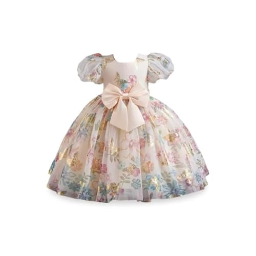 Image of Niren Enterprise Baby Girls Fit And Flare Knee Length Gold Foil Butterfly Puff Sleeve Bowknot Princess Gown Dress for Special Occasions