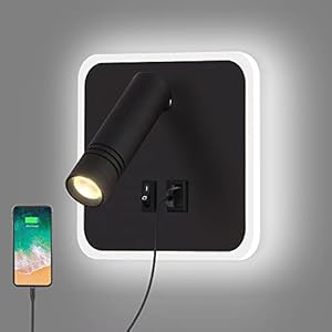 ERWEY Applique Murale LED 9W Lampe de Lecture de Chevet Applique Murale Projecteur Réglable (3W 4000K + 6W 6000K) avec Port de Charge USB (Carré, Noir)