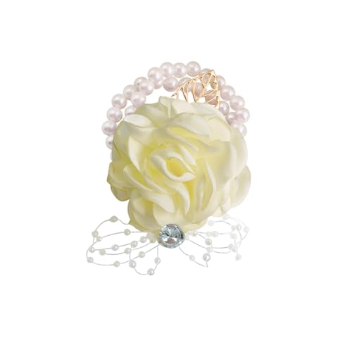 Izpack Bracelet élastique en satin avec fleurs dorées et perles - Pour mariage, fête, bal de fin d'année, demoiselle d'honneur, Medium, Tissu, Pas de gemme